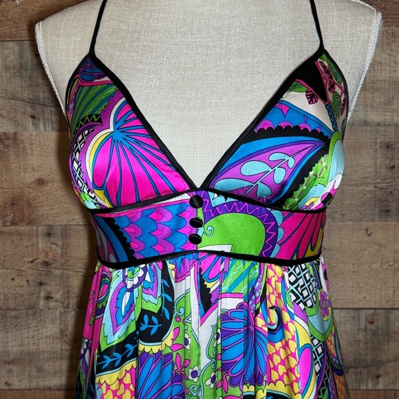 🌻 Boston Proper Silk Dress sz Small Y2K Abstract Psychedelic Retro Bright Party - Picture 4 of 10